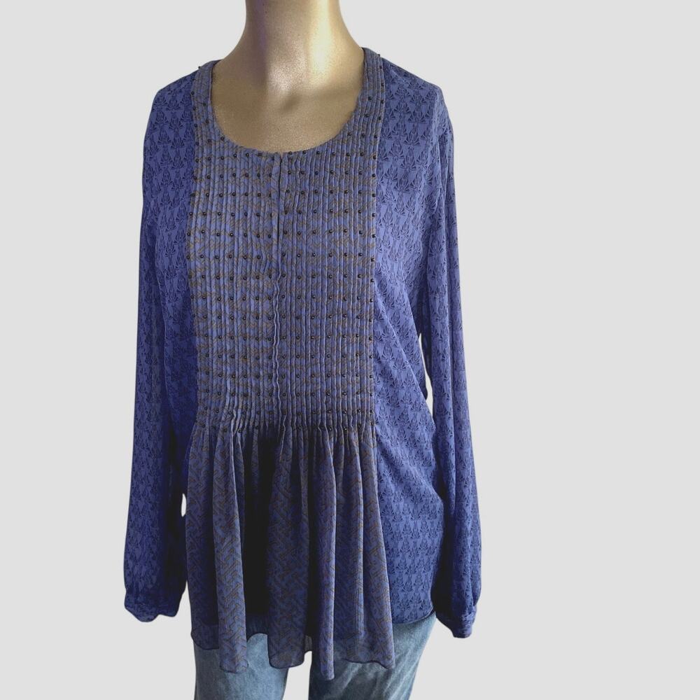 Coldwater Creek Blue Beaded Pintuck Tunic Top Blouse Size Small 6-8 Long Sleeve